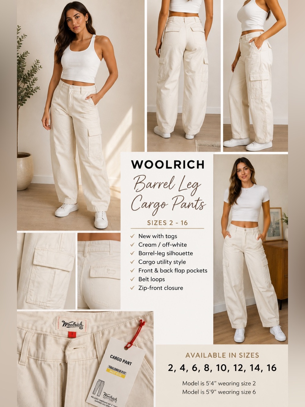 Woolrich Women’s Barrel Leg Cargo Utility Pants Cream